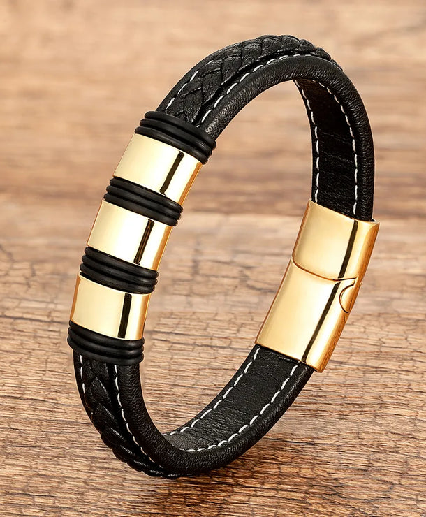 Pulsera geométrica de acero inoxidable 316 y piel para hombre