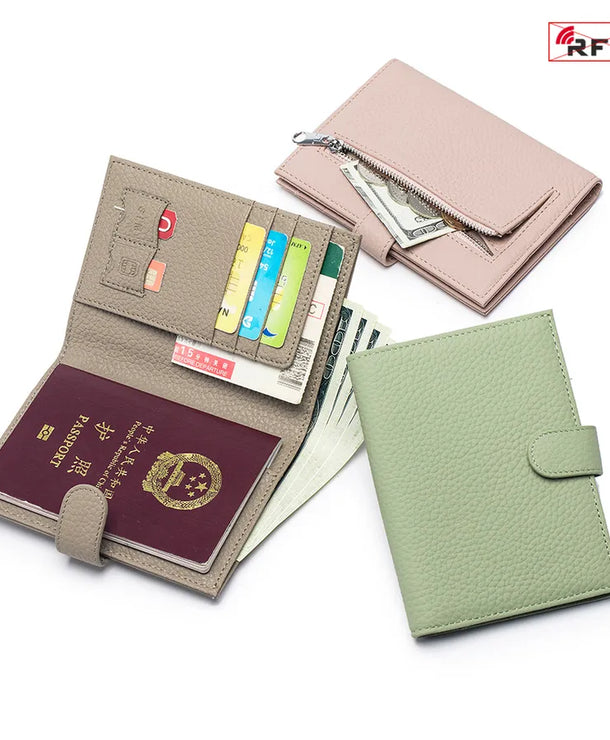Portapasaportes de piel genuina para mujer con protección RFID
