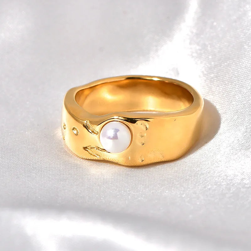 Anillo de acero inoxidable 304 con incrustación de perla, estilo retro - imagen 3