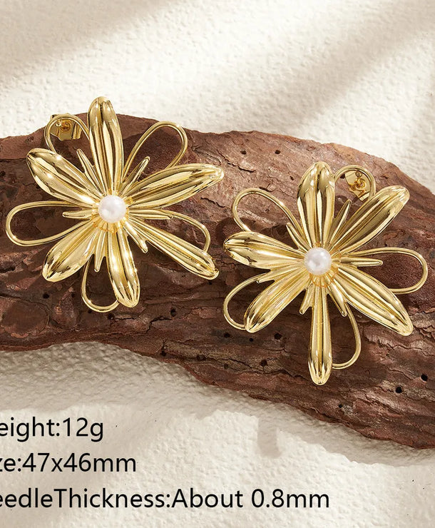 Aretes de botón de acero 201 con baño de oro 14K y diseño de flor - imagen 10