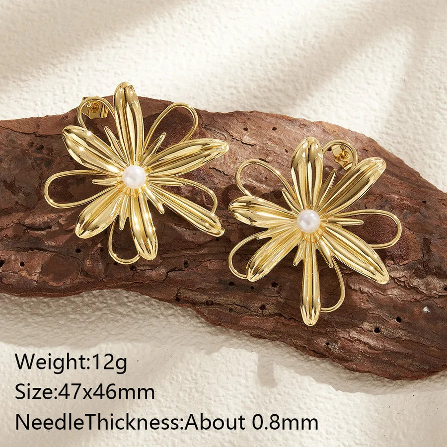 Aretes de botón de acero 201 con baño de oro 14K y diseño de flor - imagen 10