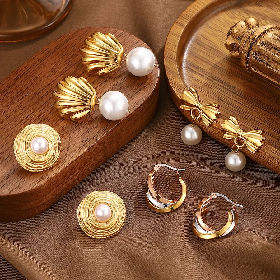 Aretes de acero inoxidable 304 con perla de imitación, estilo lujoso
