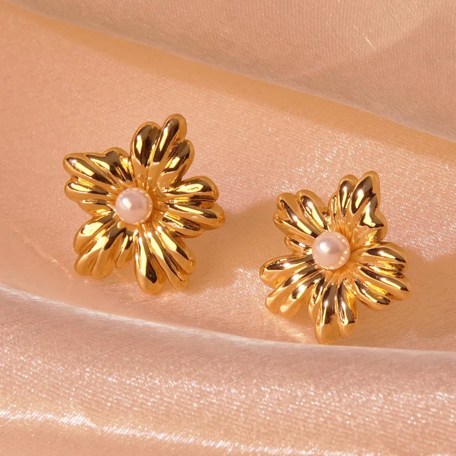 Aretes de botón de acero 304 con diseño de flores, estilo dulce - imagen 3