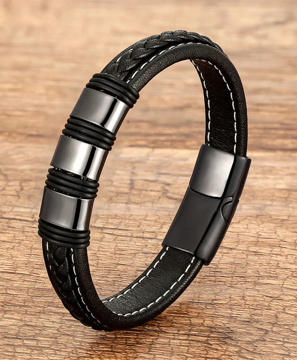 Pulsera geométrica de acero inoxidable 316 y piel para hombre - imagen 10
