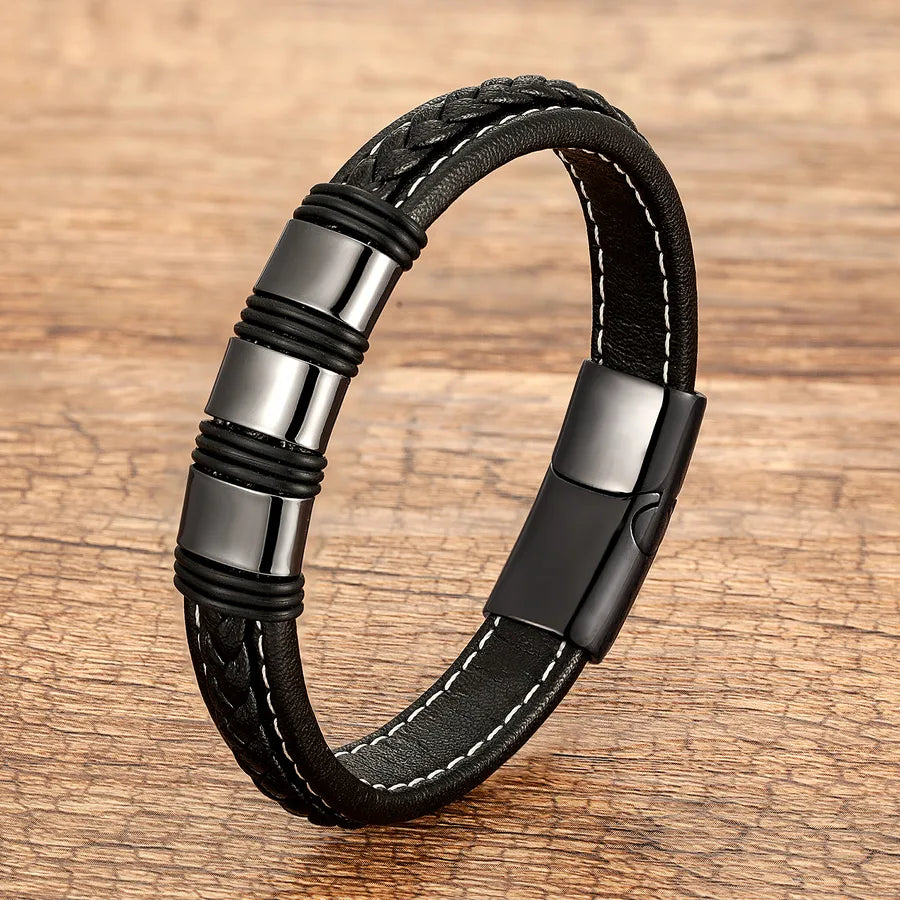 Pulsera geométrica de acero inoxidable 316 y piel para hombre - imagen 10