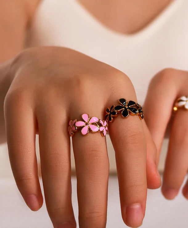 Anillo con diseño de flor en esmalte, estilo IG dulce para mujer