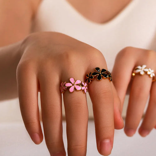 Anillo con diseño de flor en esmalte, estilo IG dulce para mujer