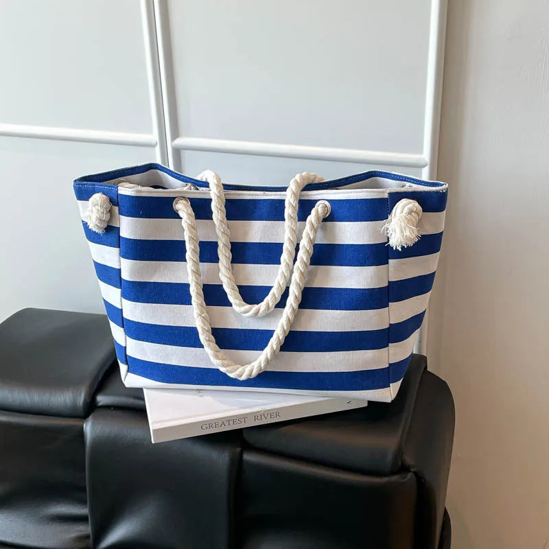 Bolso tote de lona con estampado de rayas y correa bandolera para mujer - imagen 8