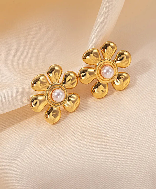 Aretes de flor con perla y baño dorado para mujer - imagen 3