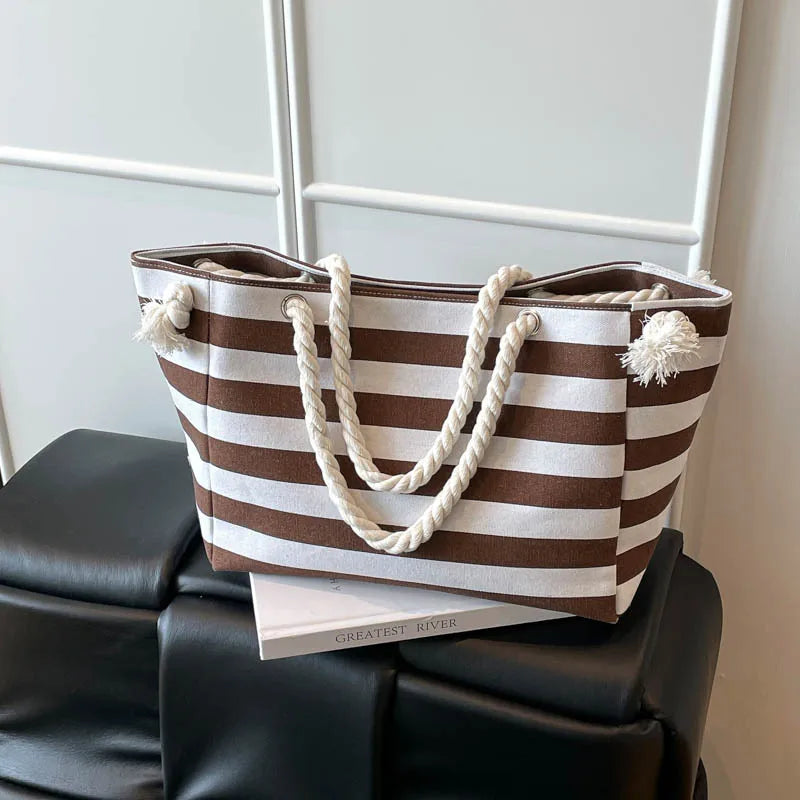 Bolso tote de lona con estampado de rayas y correa bandolera para mujer - imagen 9