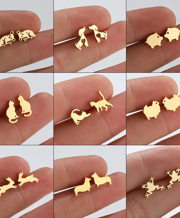 Aretes de botón de acero 304 con baño de oro 18K y diseño de animalitos