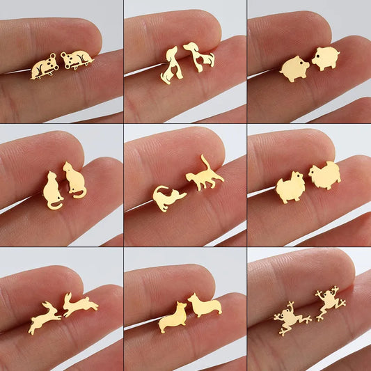 Aretes de botón de acero 304 con baño de oro 18K y diseño de animalitos