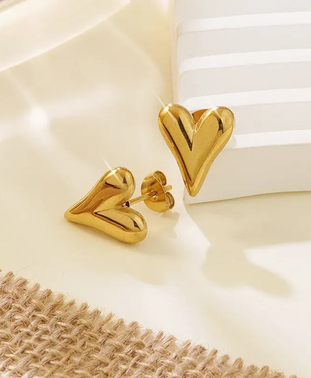 Aretes de acero 304 con diseño de corazón tridimensional y baño de oro 18K - imagen 5