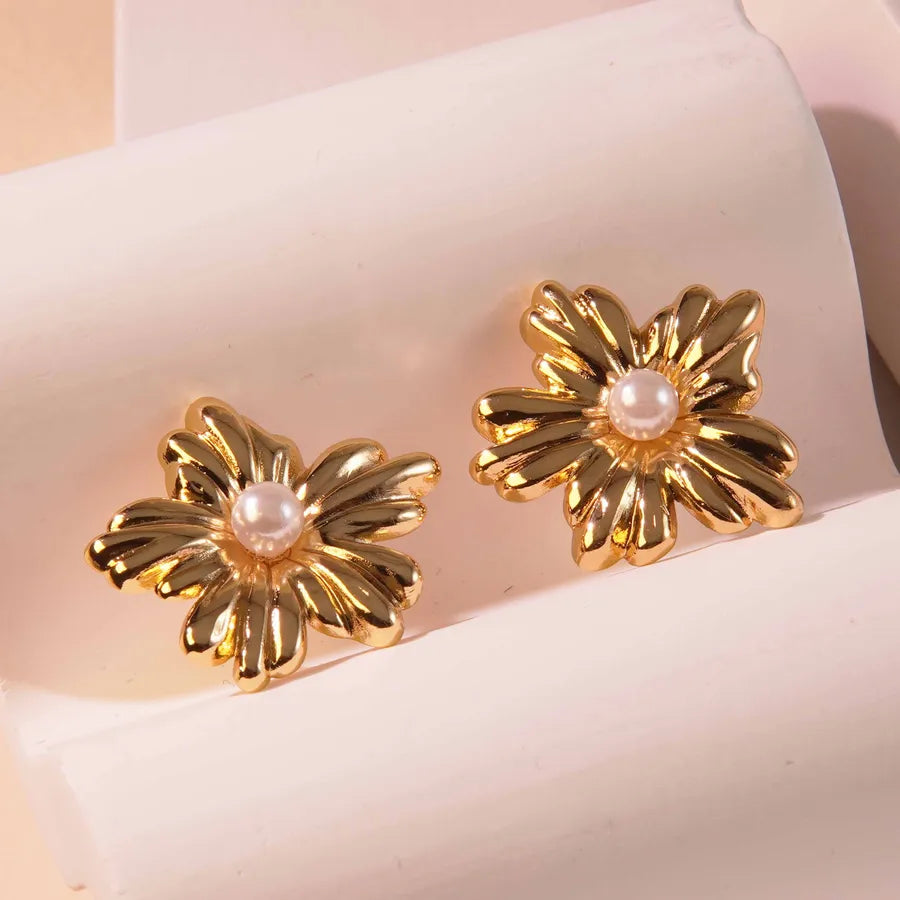 Aretes de botón de acero 304 con diseño de flores, estilo dulce