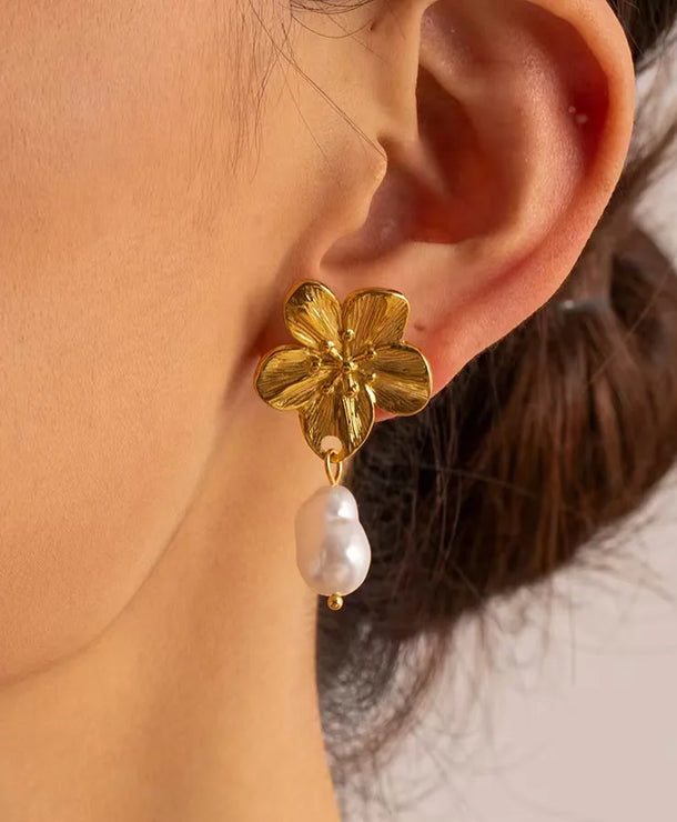 Aretes de botón de acero inoxidable 304 con diseño floral streetwear - imagen 2