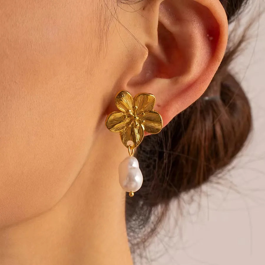 Aretes de botón de acero inoxidable 304 con diseño floral streetwear - imagen 2