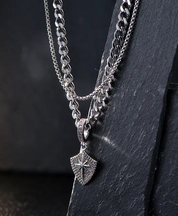 Collar doble de escudo sol y estrella con circonias para hombre - imagen 6