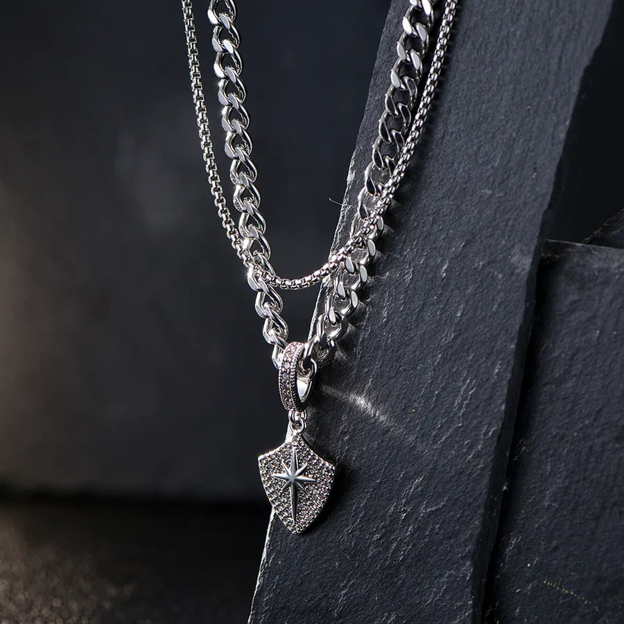 Collar doble de escudo sol y estrella con circonias para hombre - imagen 6