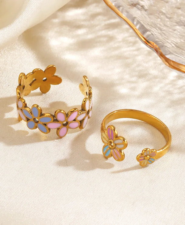 Anillo ajustable de acero 304 con baño de oro 18K, flor y resina - imagen 3