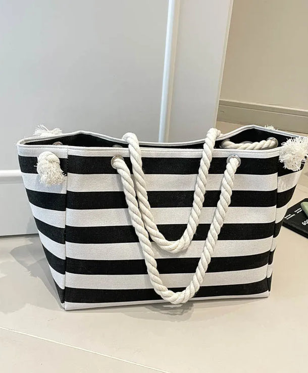 Bolso tote de lona con estampado de rayas y correa bandolera para mujer - imagen 7