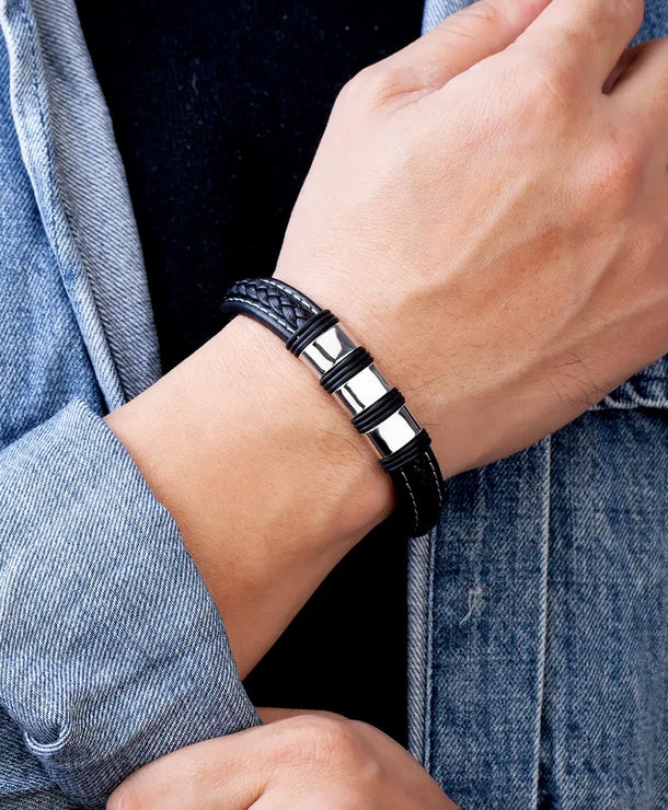 Pulsera geométrica de acero inoxidable 316 y piel para hombre - imagen 3