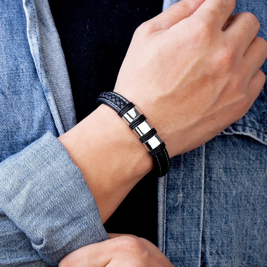 Pulsera geométrica de acero inoxidable 316 y piel para hombre - imagen 3