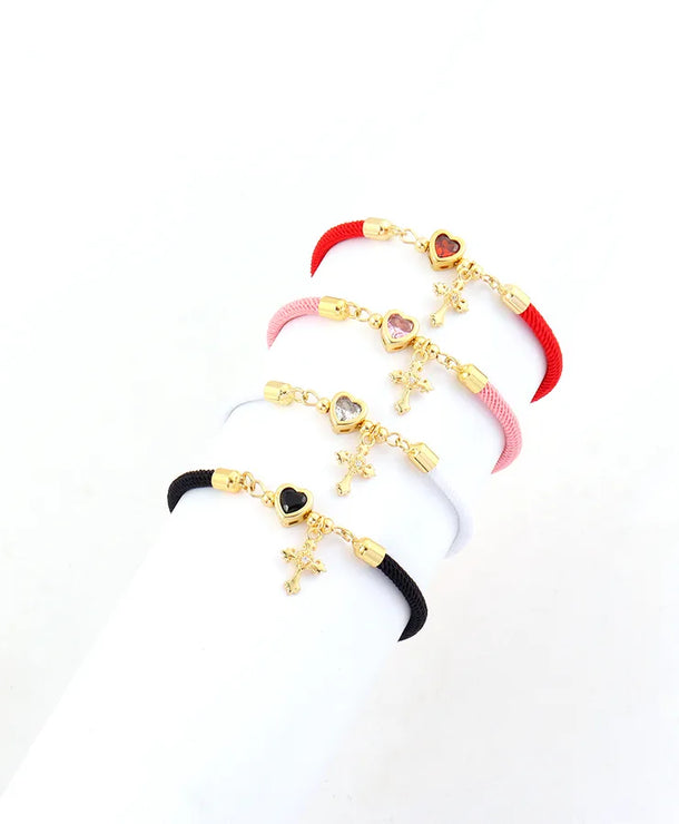 Pulsera de cordón con dijes de cruz y corazón en circonia para mujer - imagen 6