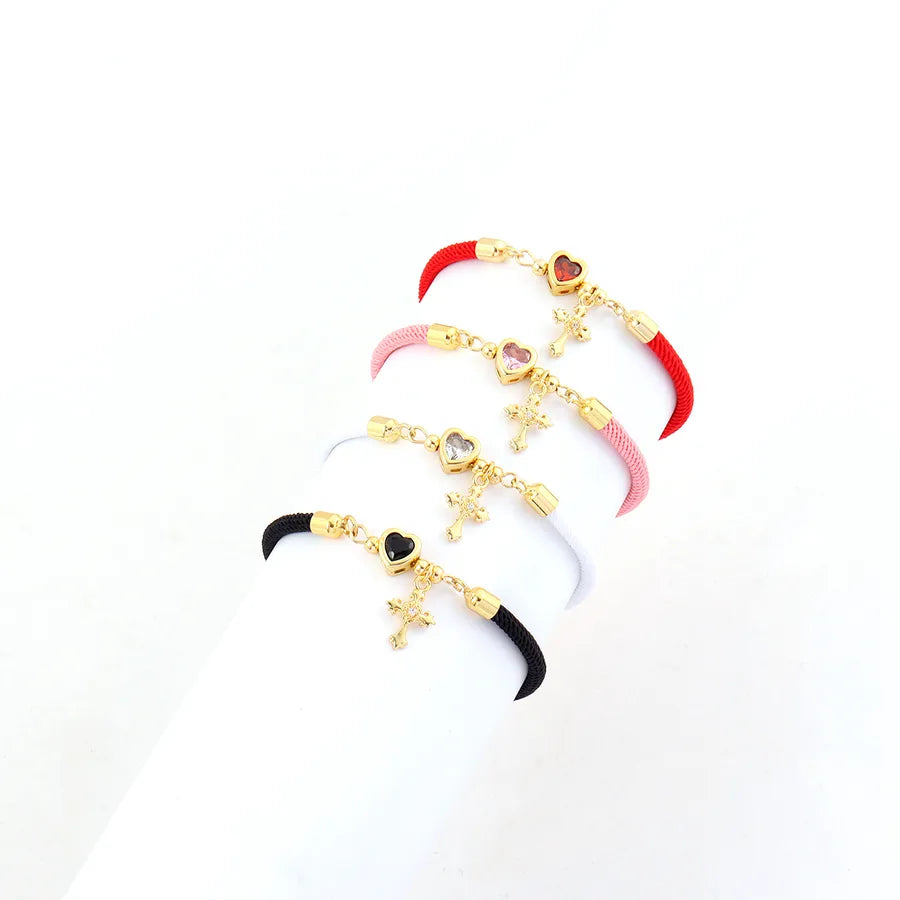 Pulsera de cordón con dijes de cruz y corazón en circonia para mujer - imagen 6