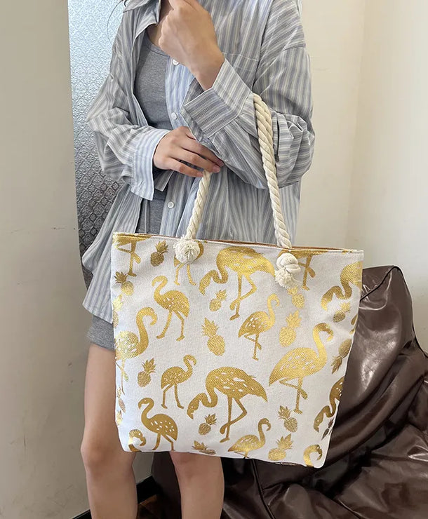 Bolso tote grande de lona con estampado de hojas, lunares y flamencos