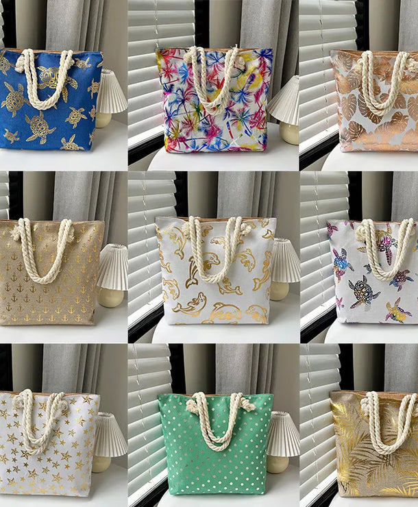 Bolso tote grande de lona con estampado de hojas, lunares y flamencos - imagen 3