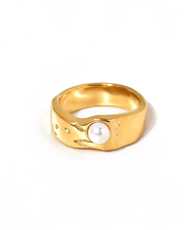 Anillo de acero inoxidable 304 con incrustación de perla, estilo retro - imagen 5