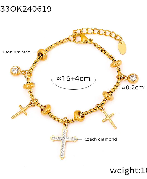 Pulsera de acero 304 con baño de oro 18K y dijes de cruz, estrella y corazón - imagen 11