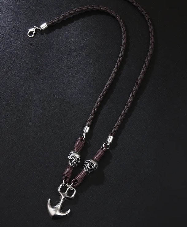Collar de ancla y calavera con cuerda de piel tejida, estilo retro punk - imagen 4