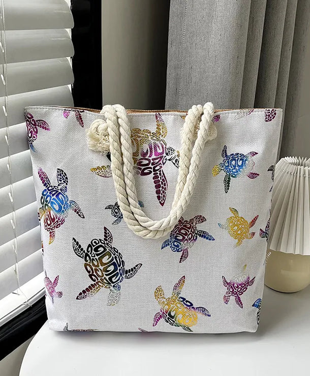 Bolso tote grande de lona con estampado de hojas, lunares y flamencos - imagen 13