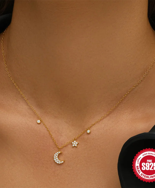 Collar de plata esterlina 925 dorado con dijes de estrella y luna - imagen 3