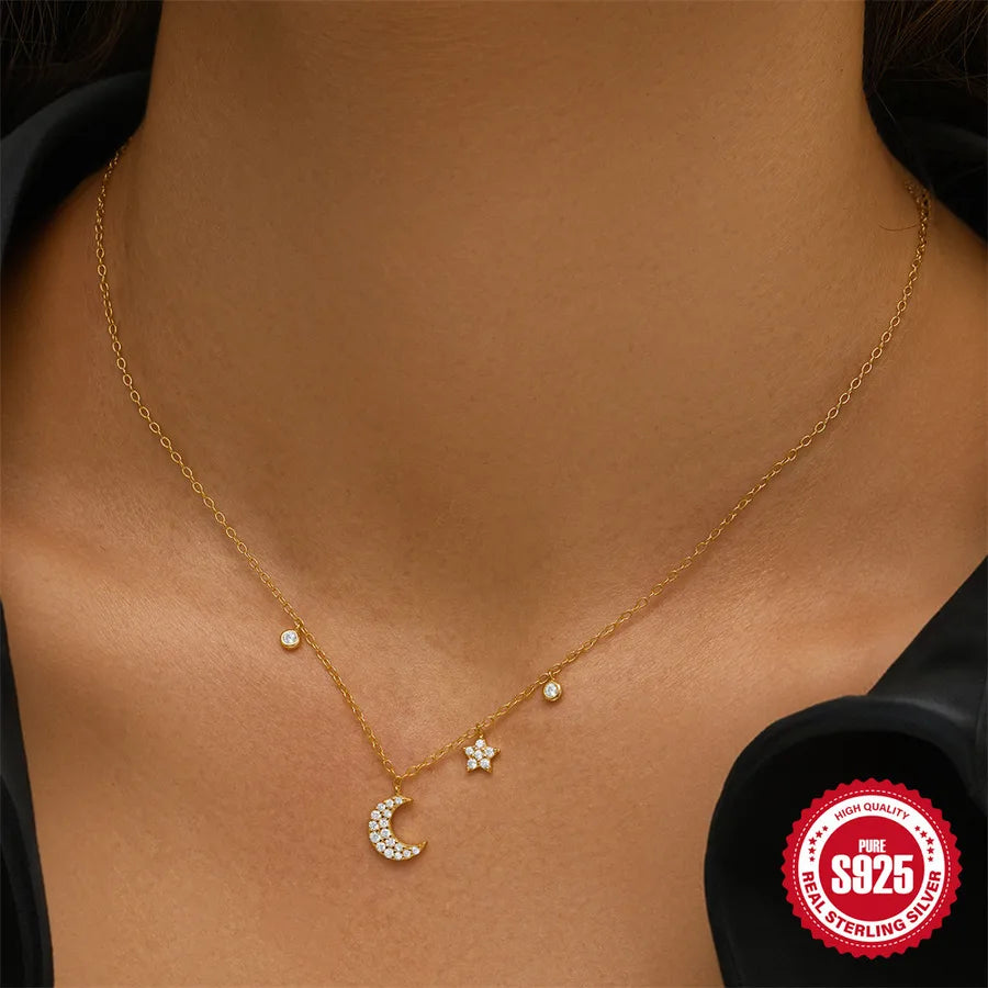 Collar de plata esterlina 925 dorado con dijes de estrella y luna - imagen 3