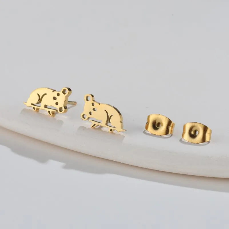 Aretes de botón de acero 304 con baño de oro 18K y diseño de animalitos - imagen 5