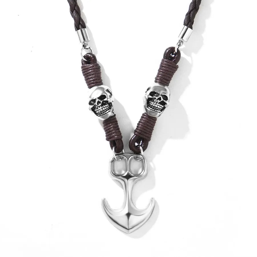 Collar de ancla y calavera con cuerda de piel tejida, estilo retro punk - imagen 2