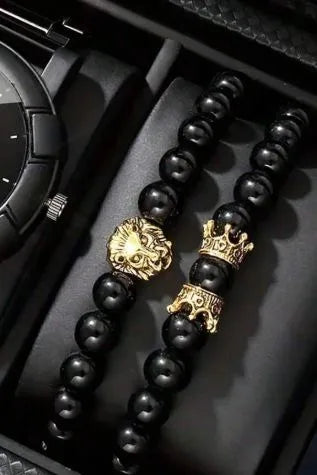 Set de 2 brazaletes de aleación negra con diseño de corona para hombre - imagen 7