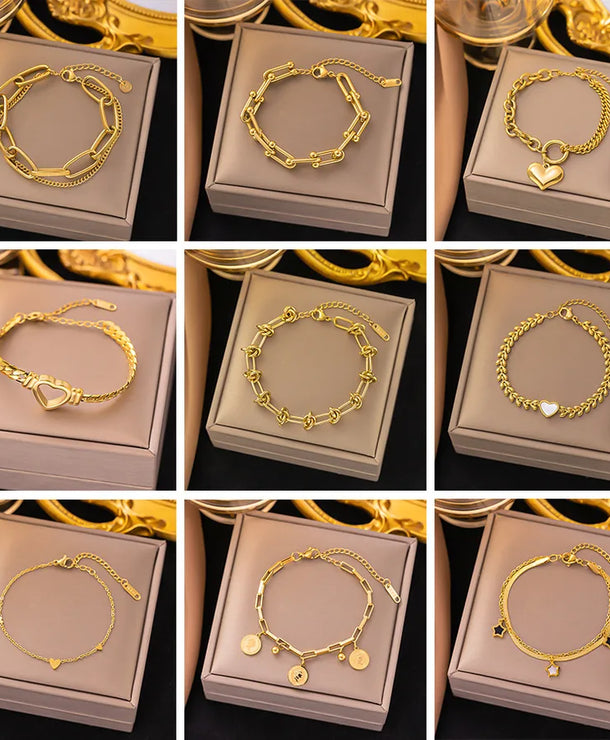Pulsera de corazones con cadena cubana en acero 304 y baño de oro 18K