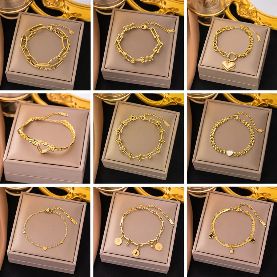 Pulsera de corazones con cadena cubana en acero 304 y baño de oro 18K