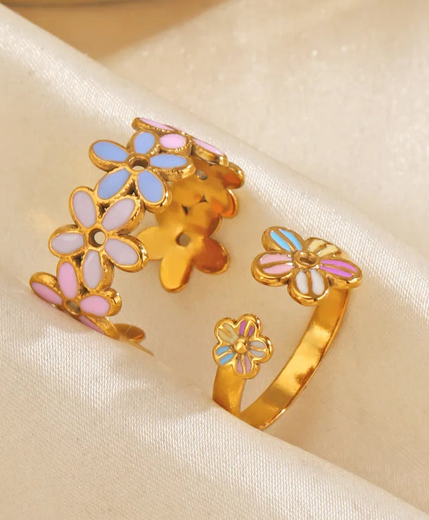 Anillo ajustable de acero 304 con baño de oro 18K, flor y resina - imagen 2