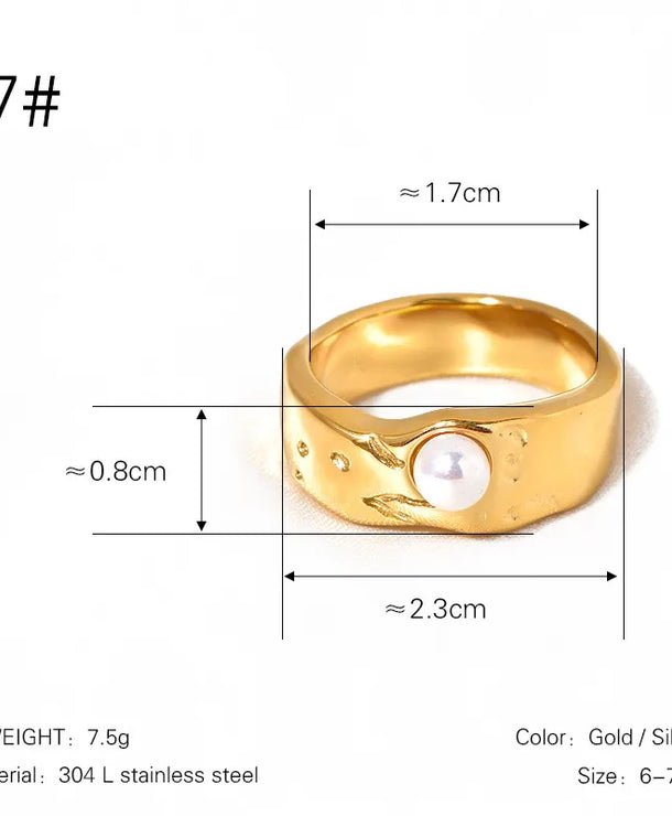 Anillo de acero inoxidable 304 con incrustación de perla, estilo retro - imagen 2