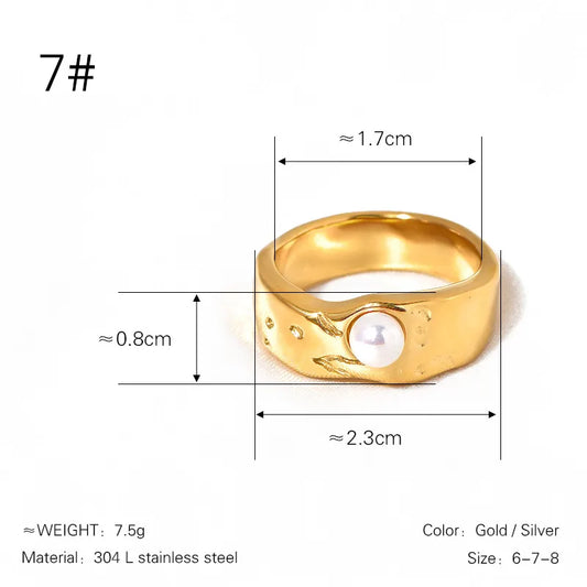 Anillo de acero inoxidable 304 con incrustación de perla, estilo retro - imagen 2