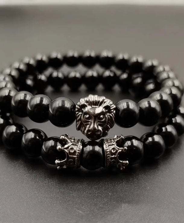 Set de 2 brazaletes de aleación negra con diseño de corona para hombre - imagen 2