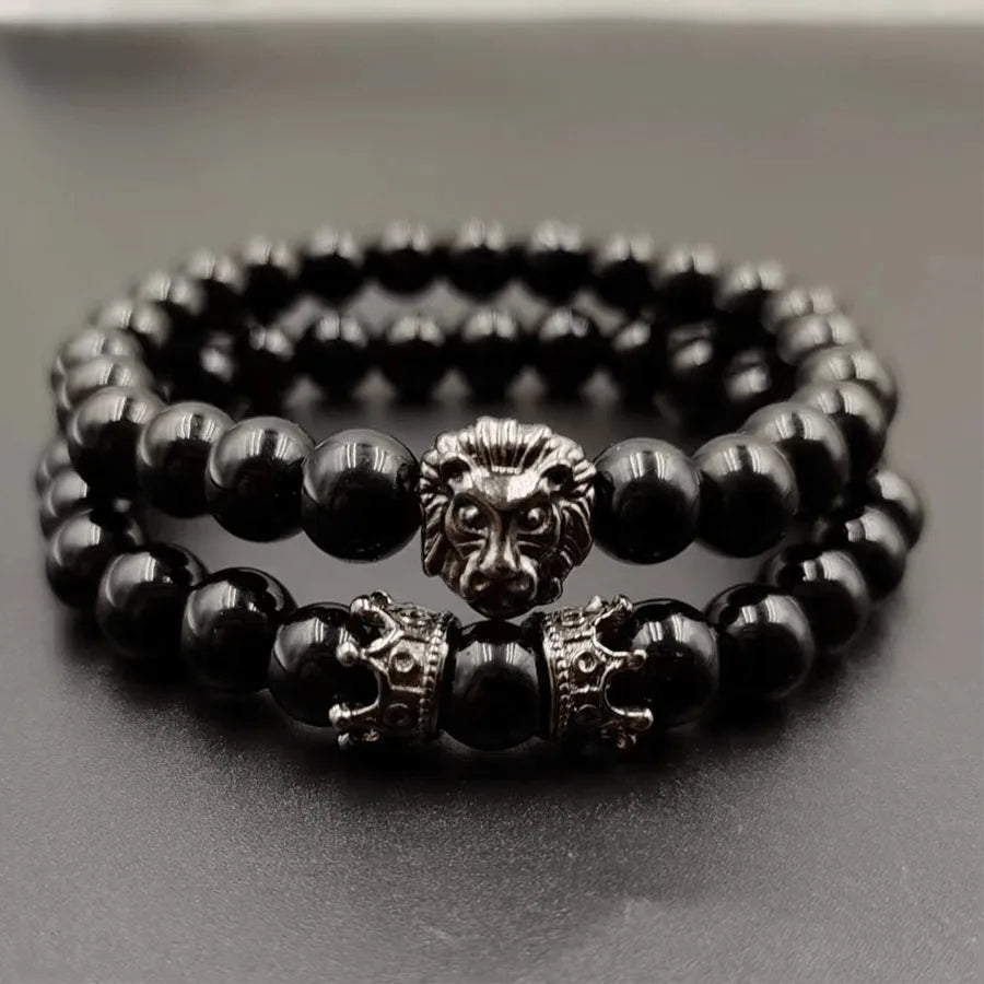 Set de 2 brazaletes de aleación negra con diseño de corona para hombre - imagen 2