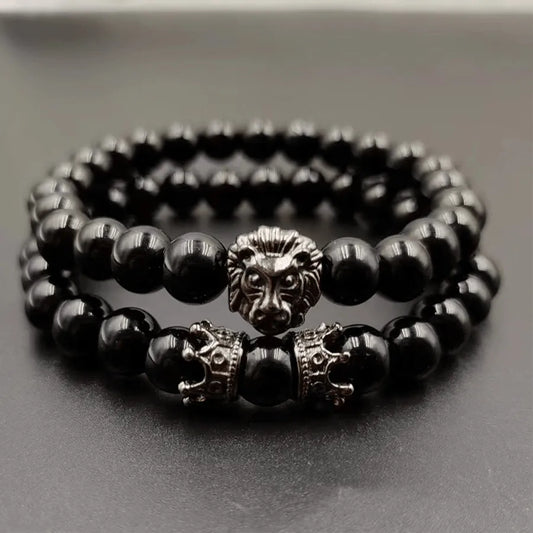 Set de 2 brazaletes de aleación negra con diseño de corona para hombre - imagen 2