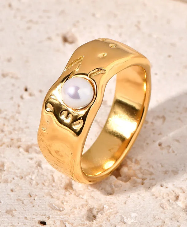 Anillo de acero inoxidable 304 con incrustación de perla, estilo retro