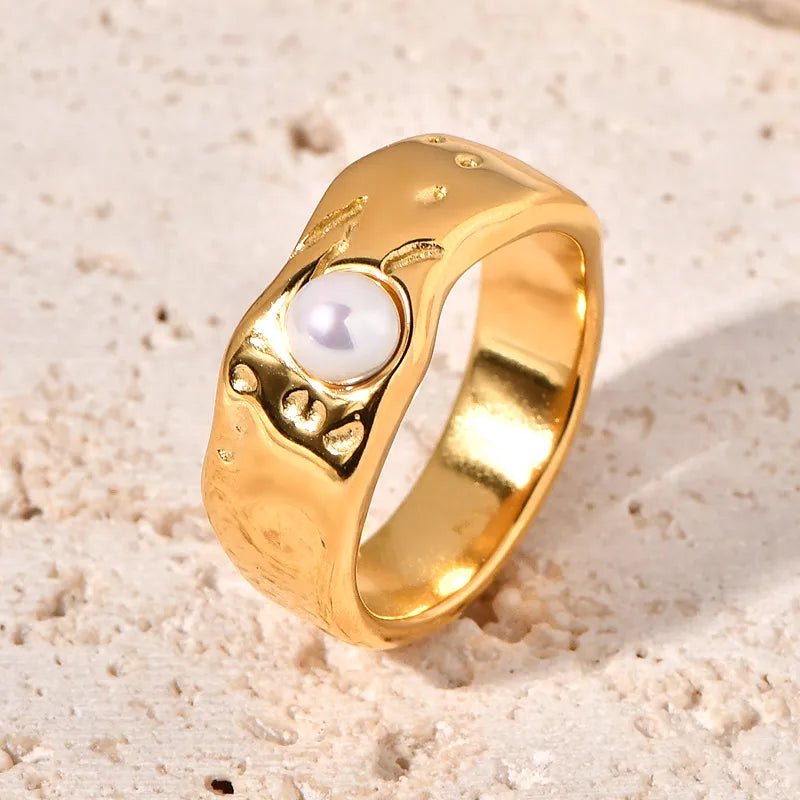 Anillo de acero inoxidable 304 con incrustación de perla, estilo retro