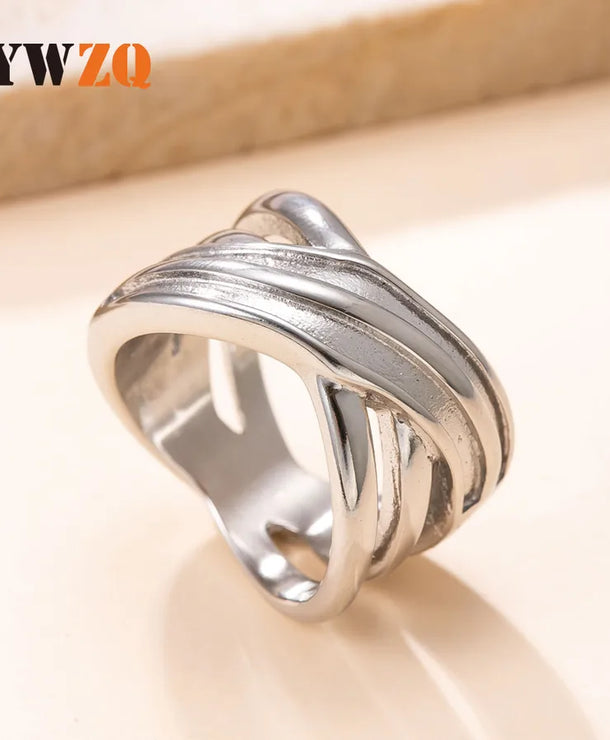 Anillo ajustable de acero y titanio con diseño cruzado, unisex